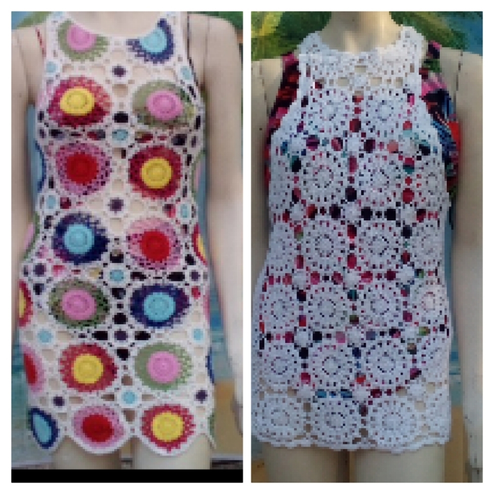 Bundle Of 2- 1-White & 1-Multi-Colored Crocheted … - image 1